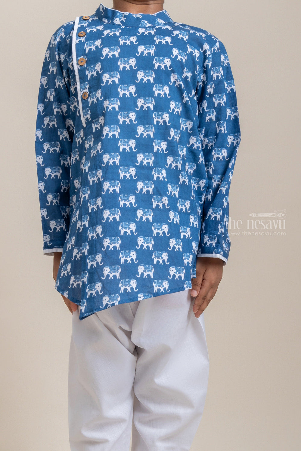 The Nesavu Ethnic Sets Attractive Animal Printed Blue Kurta With White Pant For Boys psr silks Nesavu