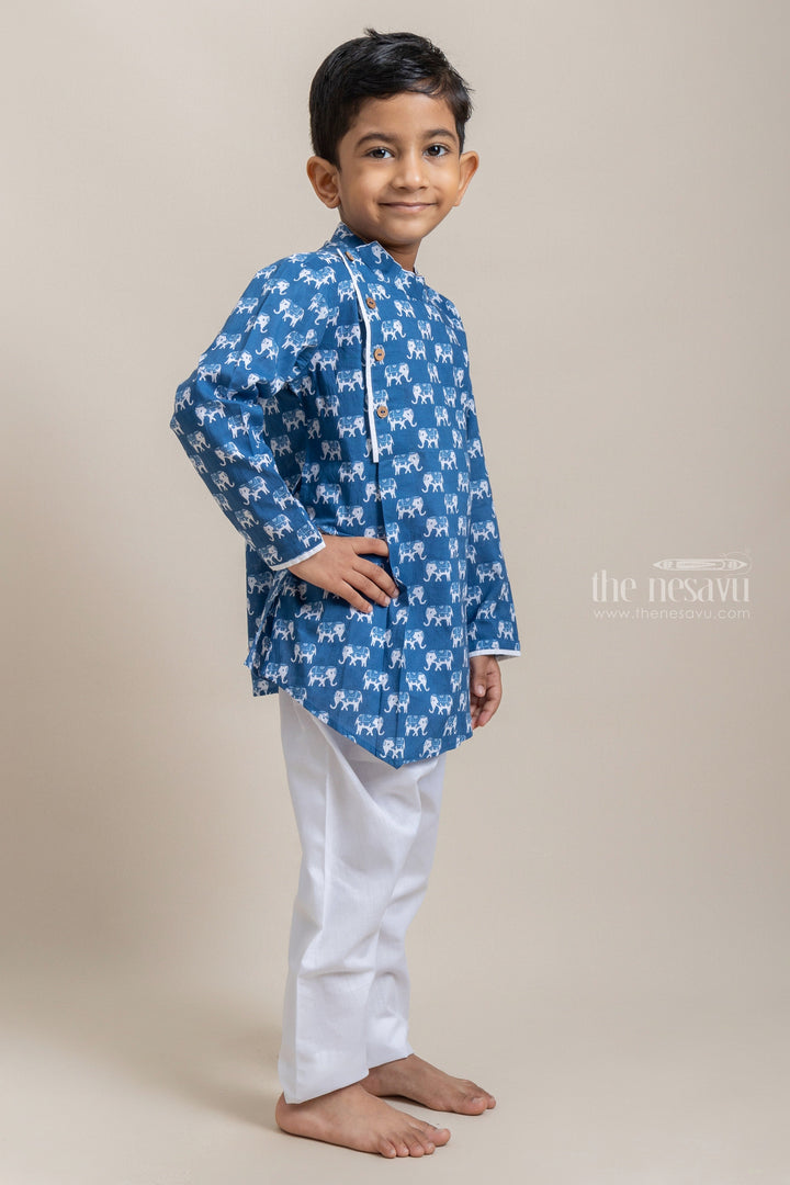 The Nesavu Ethnic Sets Attractive Animal Printed Blue Kurta With White Pant For Boys psr silks Nesavu