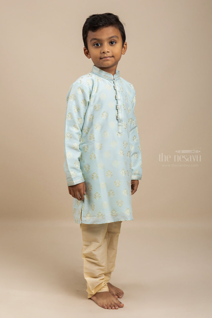 The Nesavu Ethnic Sets Attractive Light Sea Green Silk Cotton Kurta With Sandal Shade Pants For Little Boys psr silks Nesavu