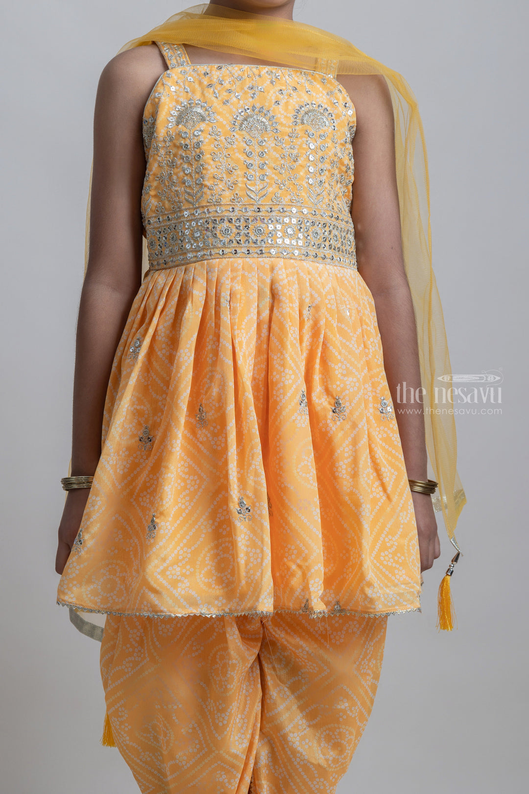 The Nesavu Sets & Suits Attractive Yellow Floral Printed Sequin Embroidered Palazzo Suit For Girls psr silks Nesavu