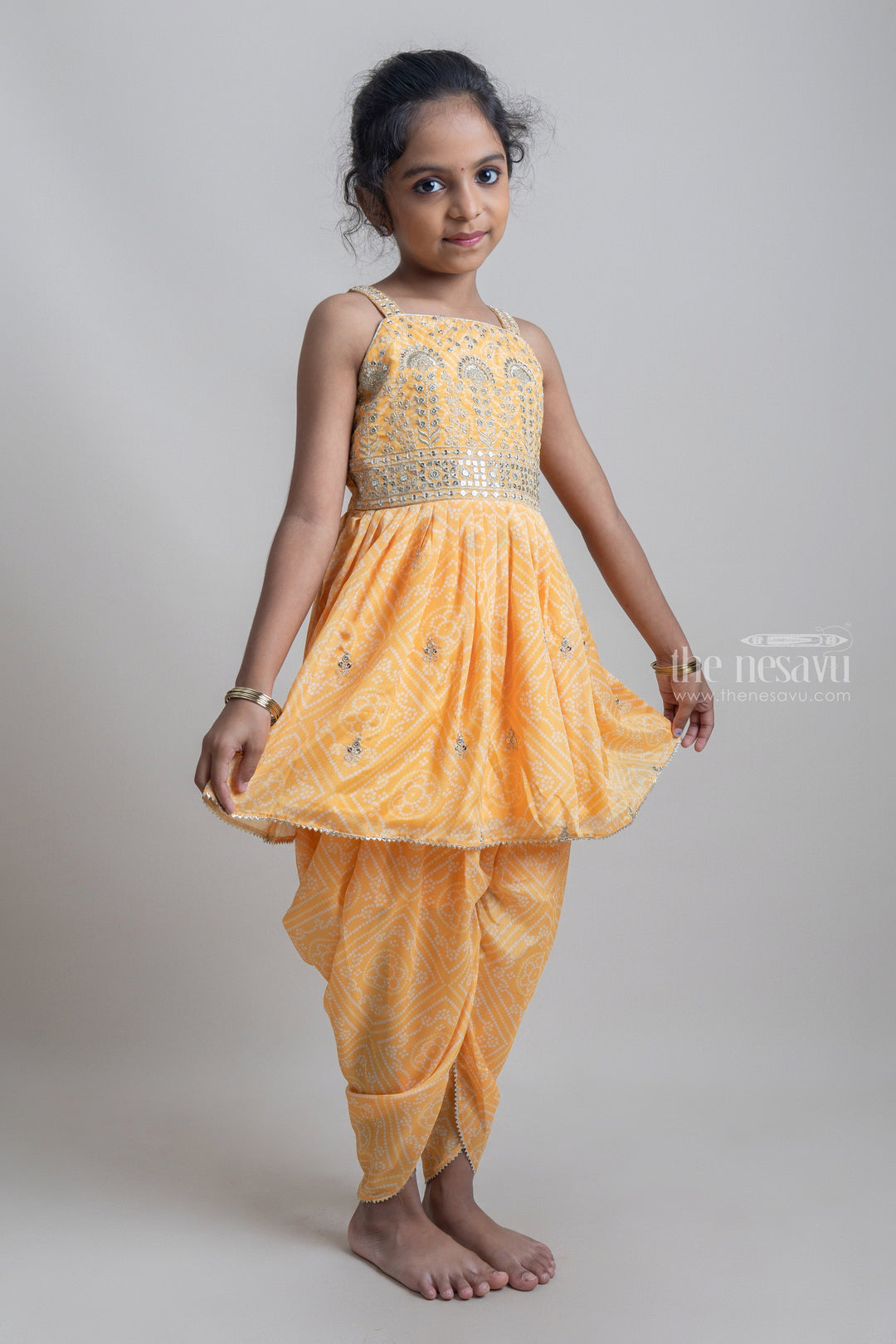 The Nesavu Sets & Suits Attractive Yellow Floral Printed Sequin Embroidered Palazzo Suit For Girls psr silks Nesavu