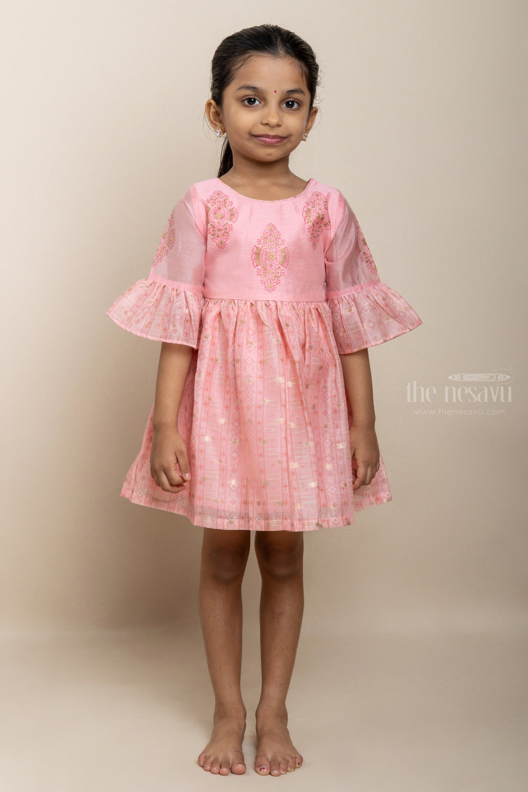 The Nesavu Frocks & Dresses Baby Pink Chanderi Silk Cotton Printed Festive Frock For Girls With Elbow Flutter Sleeve psr silks Nesavu 14 (6M) / Pink GFC940A