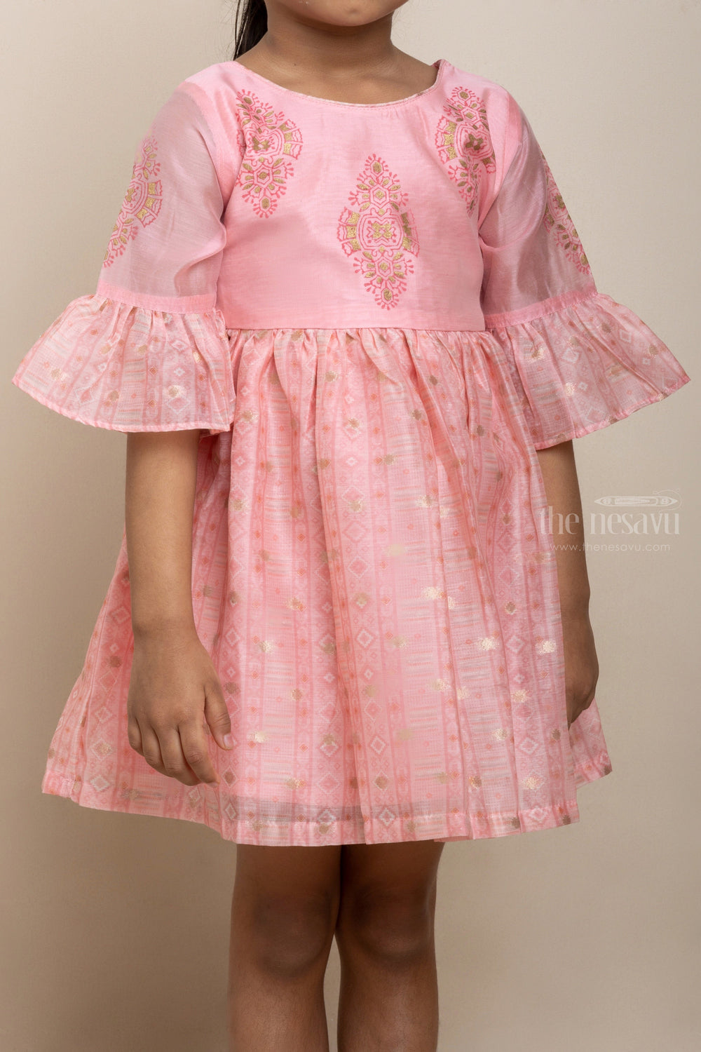 The Nesavu Frocks & Dresses Baby Pink Chanderi Silk Cotton Printed Festive Frock For Girls With Elbow Flutter Sleeve psr silks Nesavu