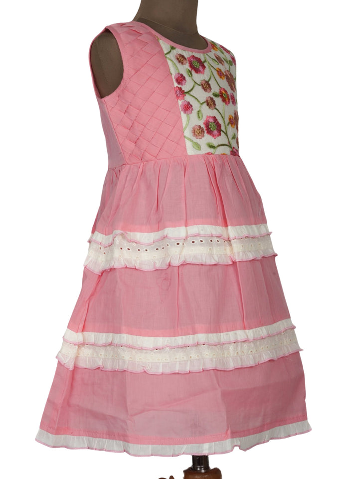 The Nesavu Frocks & Dresses Baby Pink Girls Cotton Frock With Lace And Embroidery Embellishments psr silks Nesavu