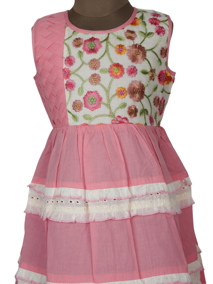 The Nesavu Frocks & Dresses Baby Pink Girls Cotton Frock With Lace And Embroidery Embellishments psr silks Nesavu