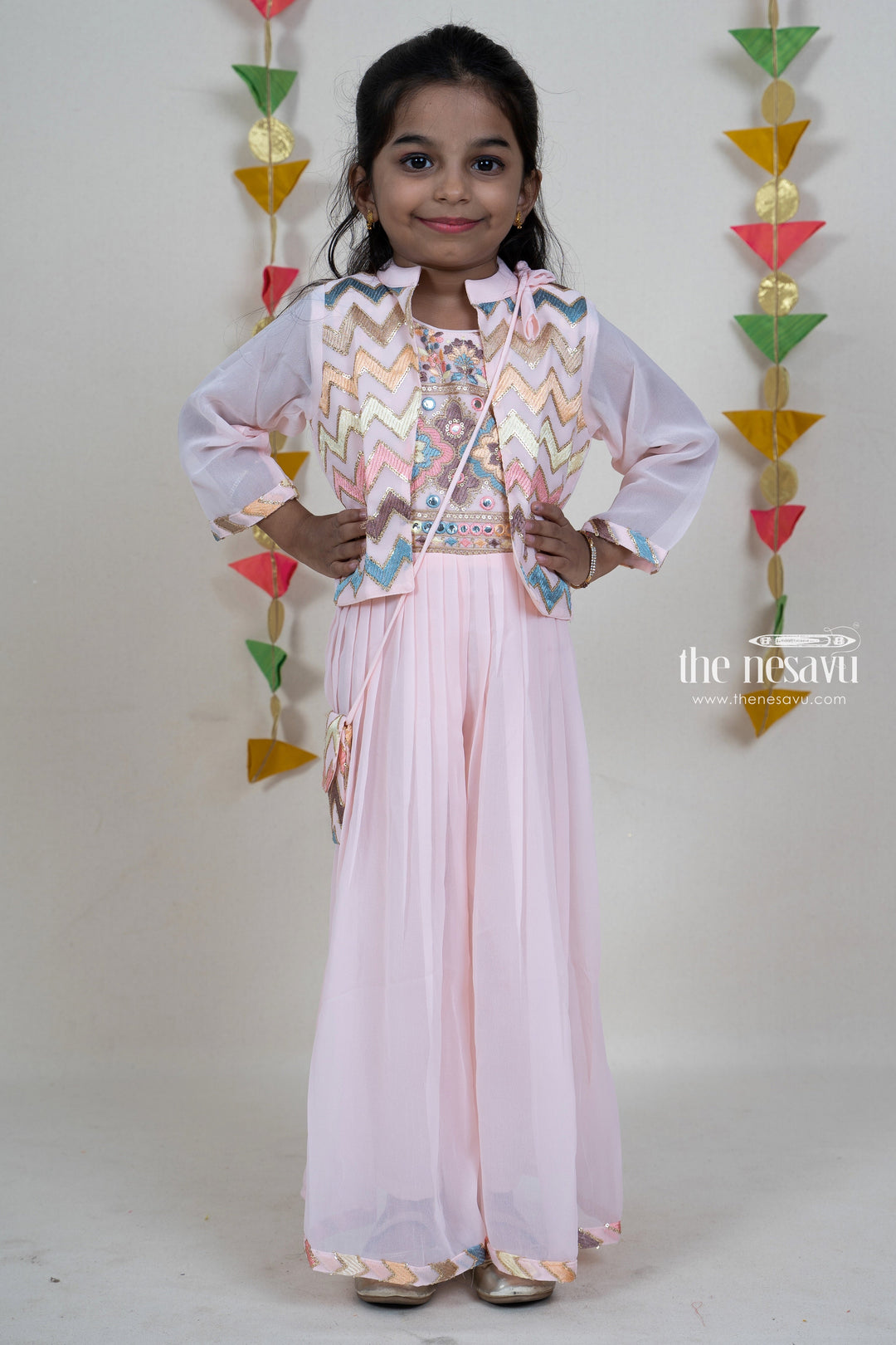 The Nesavu Sets & Suits Baby Pink Sequenced Embroider Designer Festive Wear For Girls psr silks Nesavu