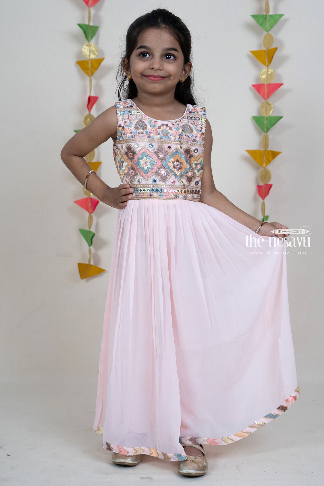 The Nesavu Sets & Suits Baby Pink Sequenced Embroider Designer Festive Wear For Girls psr silks Nesavu