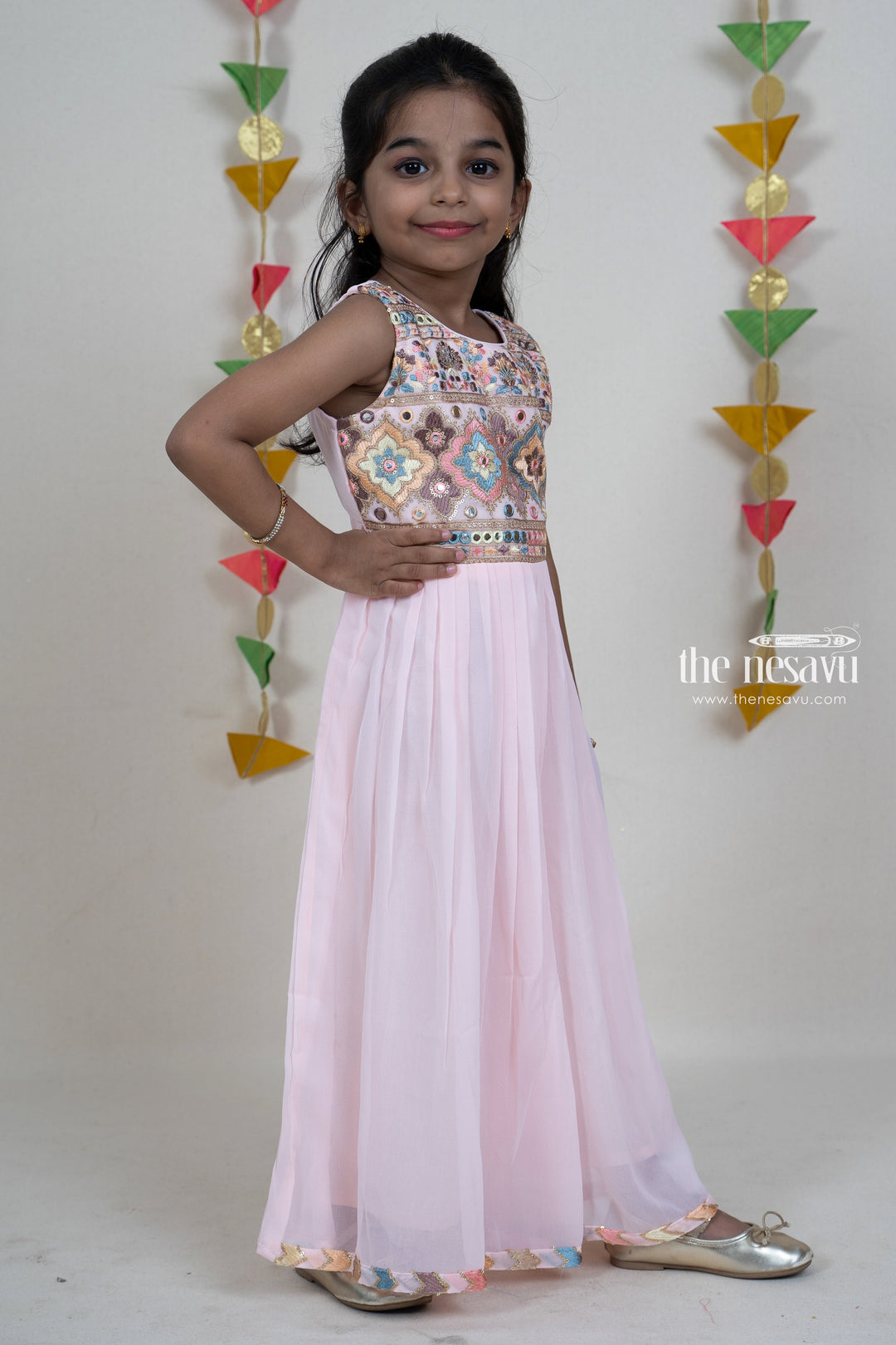 The Nesavu Sets & Suits Baby Pink Sequenced Embroider Designer Festive Wear For Girls psr silks Nesavu