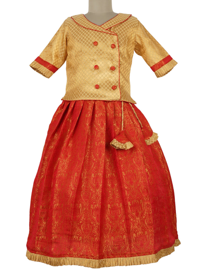 The Nesavu Pattu Pavadai Banarasi Brocade Red Skirt With Golden Silk Jacket Blouse psr silks Nesavu 16 (1Y-2Y) / red GPP100