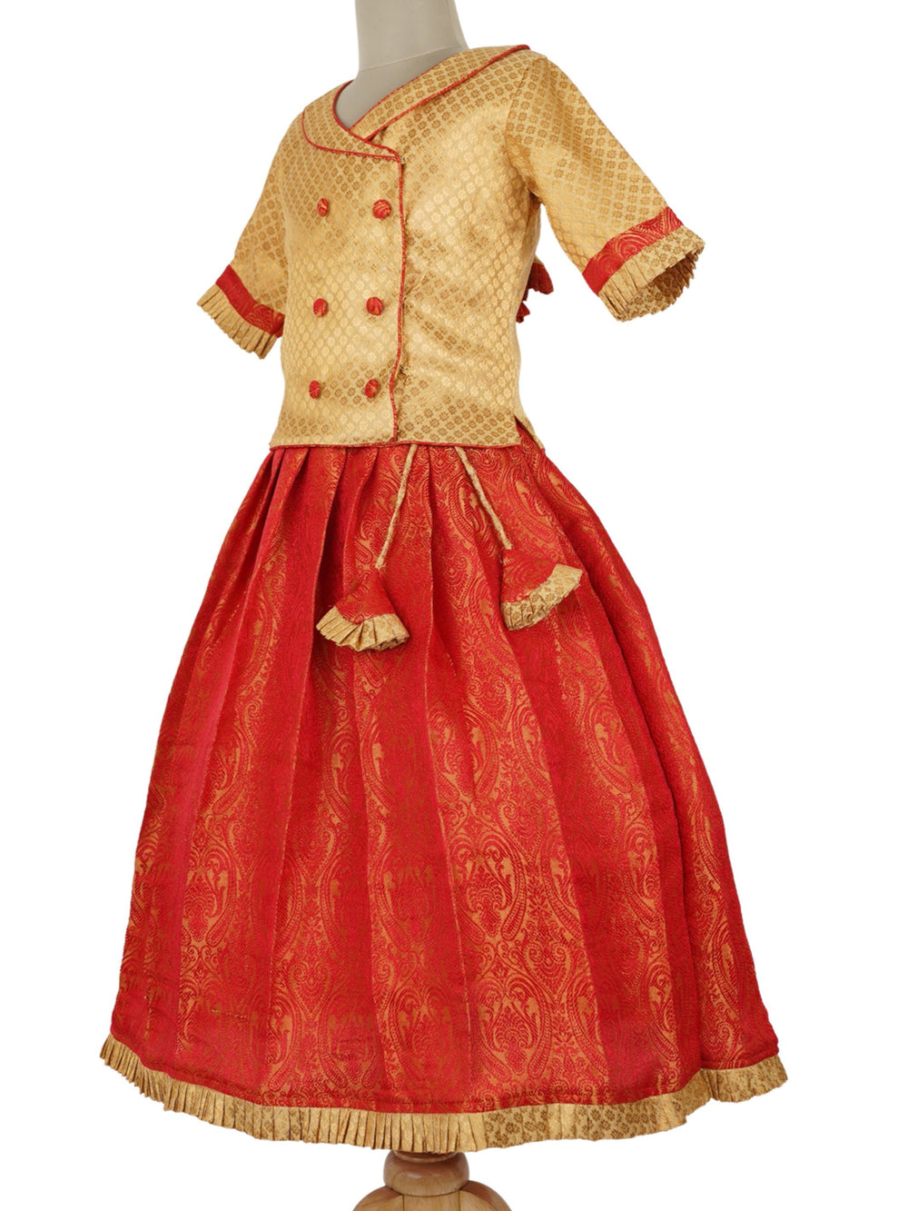 The Nesavu Pattu Pavadai Banarasi Brocade Red Skirt With Golden Silk Jacket Blouse psr silks Nesavu