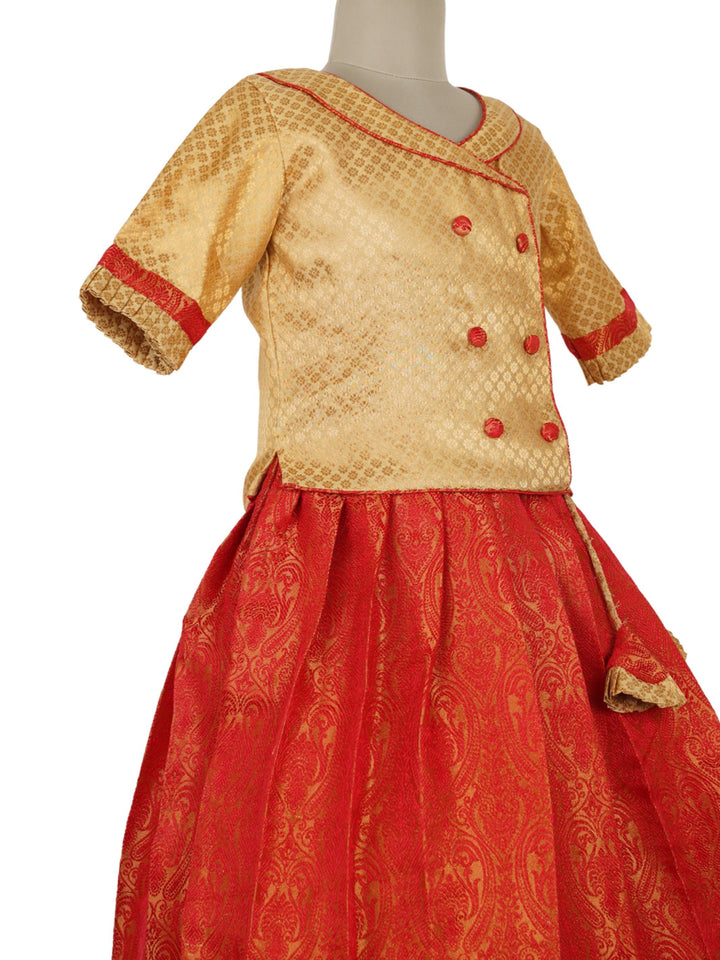 The Nesavu Pattu Pavadai Banarasi Brocade Red Skirt With Golden Silk Jacket Blouse psr silks Nesavu