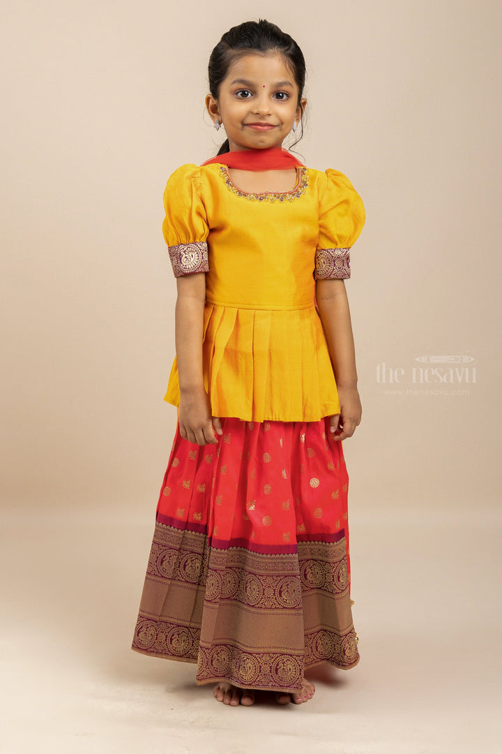 The Nesavu Lehenga & Ghagra Banarasi Pattu Lehenga With Embroidery Neck And Sleeves psr silks Nesavu 16 (1Y) / red GL216