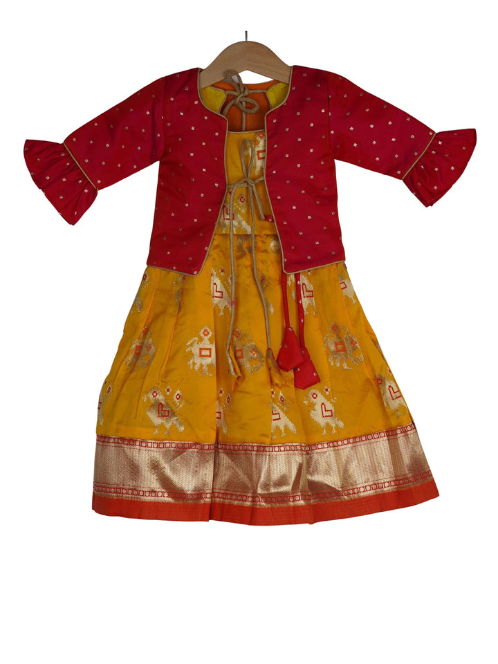 The Nesavu Kids Anarkali Banarasi Semi Silk Long Frock With Jacket psr silks Nesavu 14 (6M-12M) / Yellow GA088B
