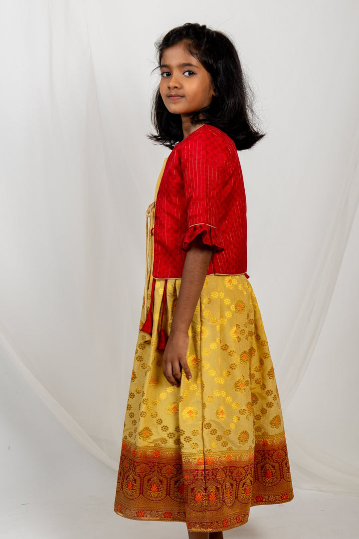 The Nesavu Kids Anarkali Banarasi Semi Silk Patola Jacquard Long Frock With Jacket psr silks Nesavu 16 (1Y) / Wheat GA090