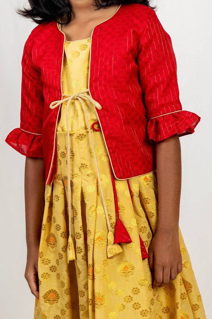 The Nesavu Kids Anarkali Banarasi Semi Silk Patola Jacquard Long Frock With Jacket psr silks Nesavu