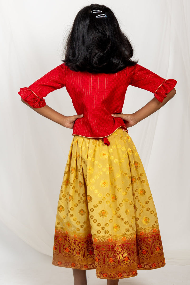 The Nesavu Kids Anarkali Banarasi Semi Silk Patola Jacquard Long Frock With Jacket psr silks Nesavu