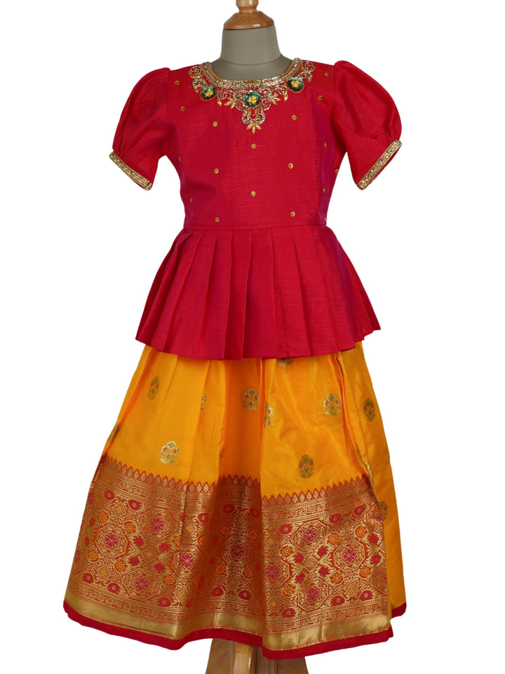 The Nesavu Lehenga & Ghagra Banarasi Yellow Lehenga With Hand Embroidered Red Ruffle Top psr silks Nesavu 16 (1Y-2Y) / Gold GL101A