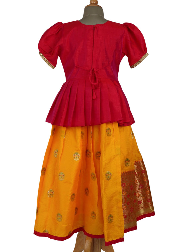 The Nesavu Lehenga & Ghagra Banarasi Yellow Lehenga With Hand Embroidered Red Ruffle Top psr silks Nesavu