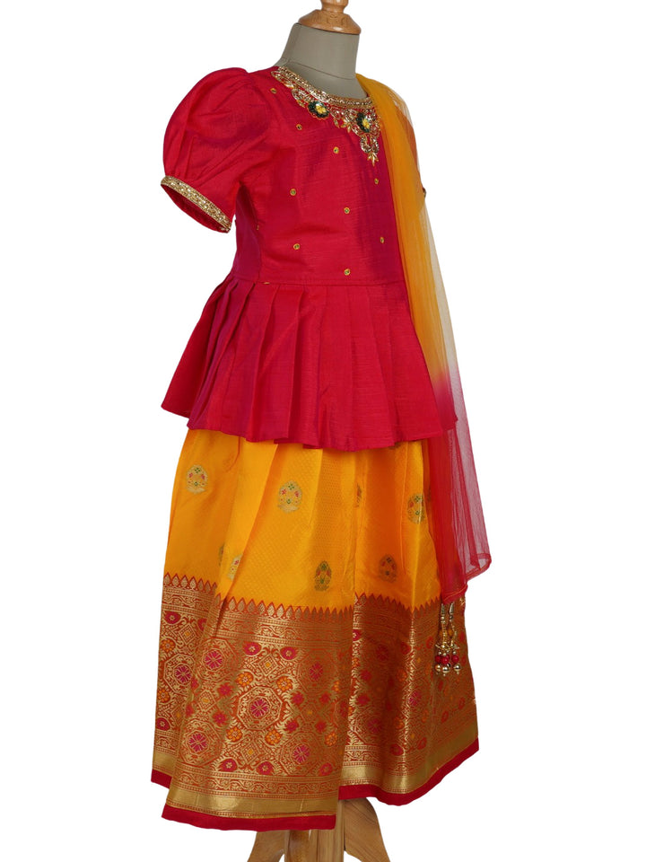 The Nesavu Lehenga & Ghagra Banarasi Yellow Lehenga With Hand Embroidered Red Ruffle Top psr silks Nesavu