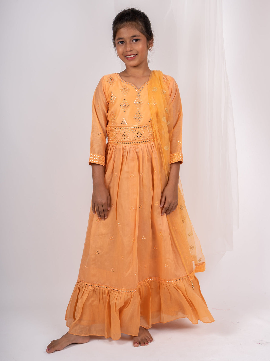 The Nesavu Kids Anarkali Beautiful Mirror Embroidery Anarkali Suit For Girls With Dupatta psr silks Nesavu 24 (5Y-6Y) / Orange GA027