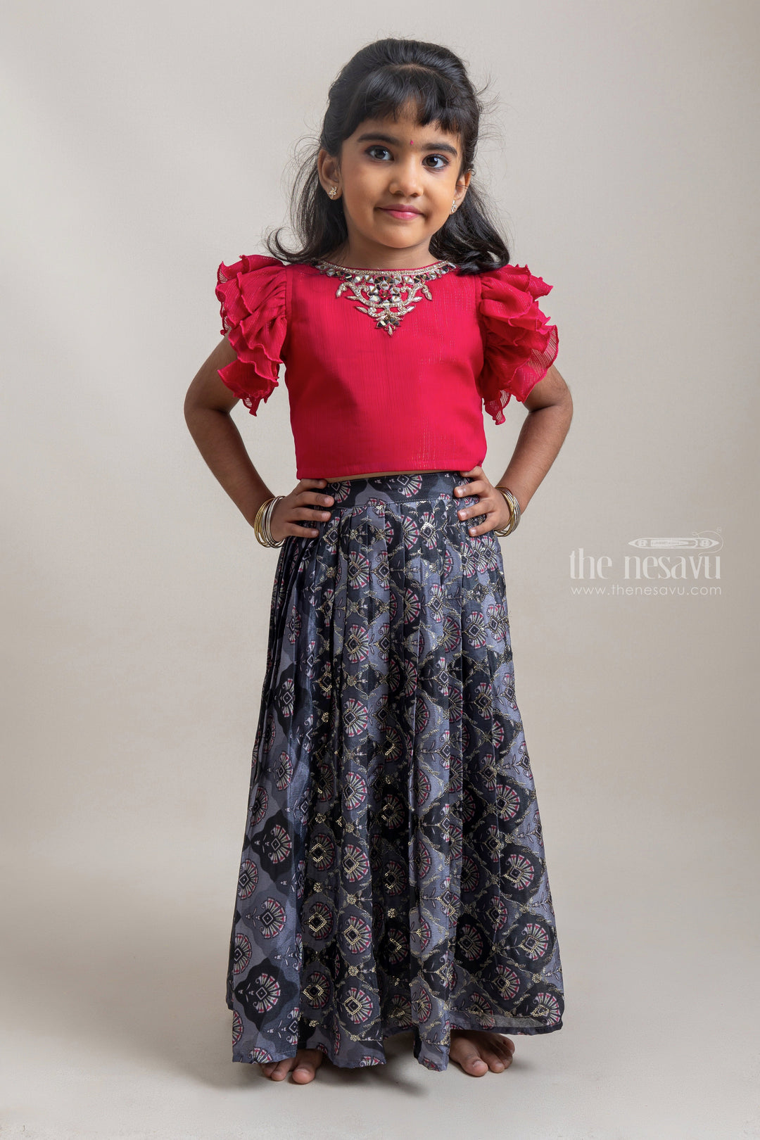 The Nesavu Lehenga & Ghagra Beautiful Neckless Embroidered Red Ruffled Top And Green Floral Printed Skirt For Girls psr silks Nesavu 16 (1Y) / Gray GL336