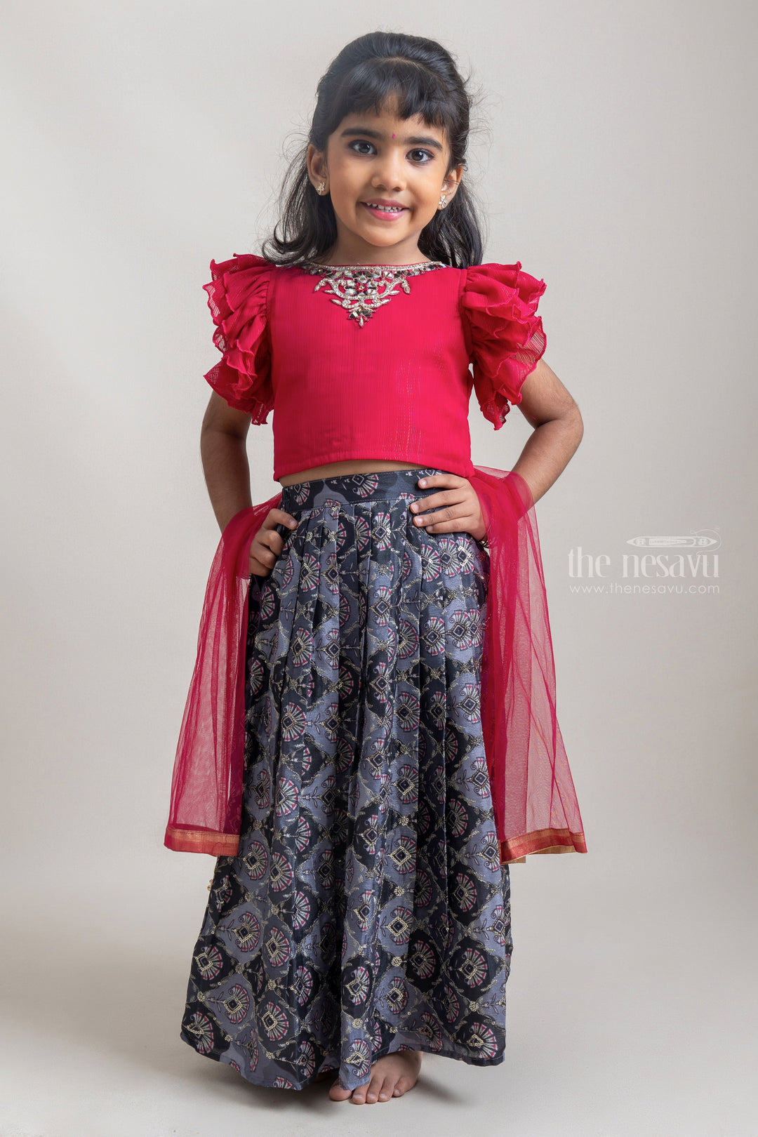 The Nesavu Lehenga & Ghagra Beautiful Neckless Embroidered Red Ruffled Top And Green Floral Printed Skirt For Girls psr silks Nesavu