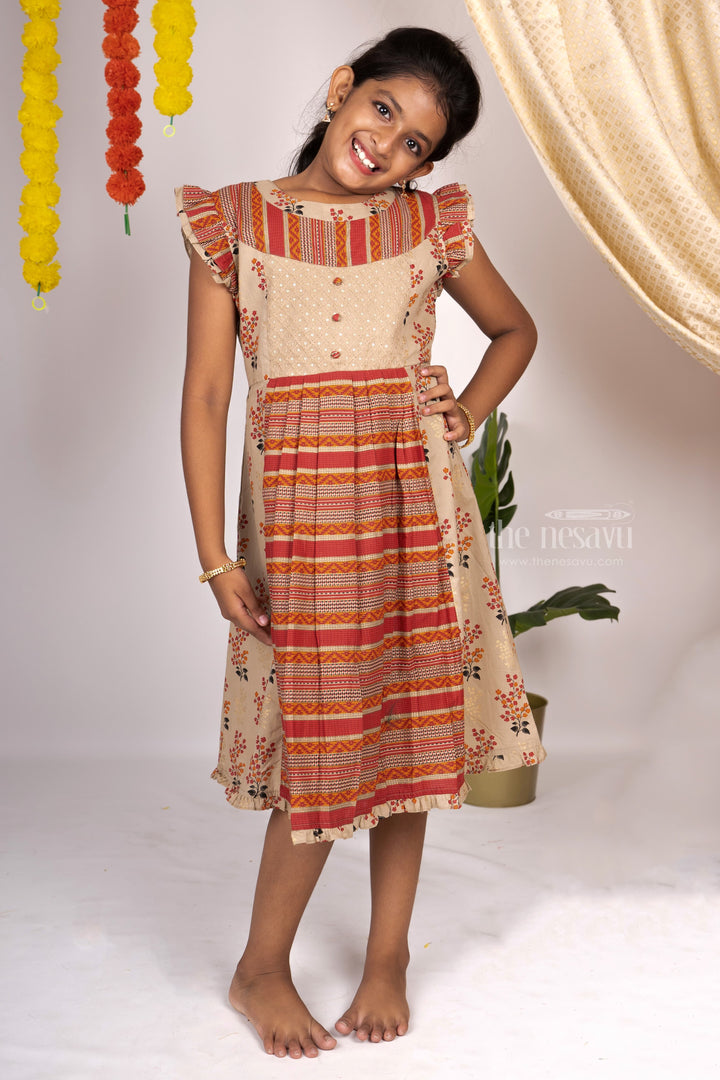 The Nesavu Frocks & Dresses Beige Cotton Printed Designer Neck Ruffled Sleeved Gown For Baby Girls psr silks Nesavu 16 (1Y) / beige GFC862