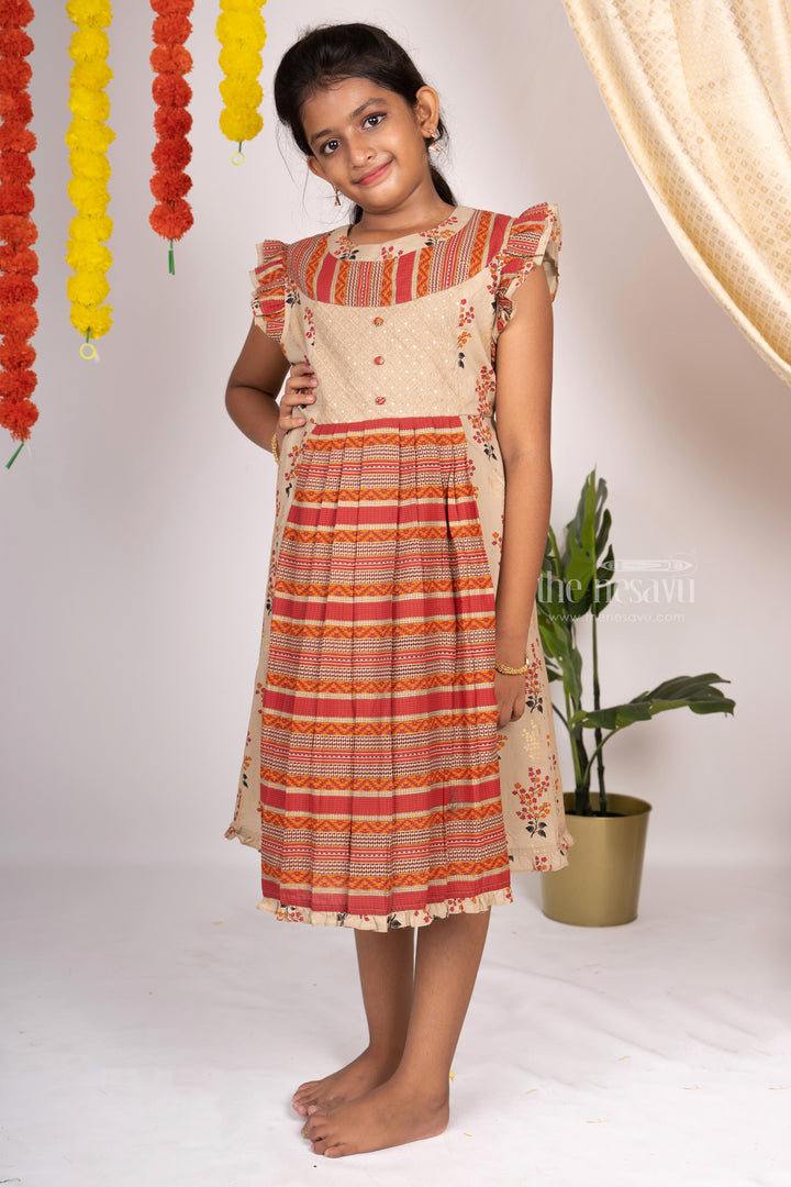 The Nesavu Frocks & Dresses Beige Cotton Printed Designer Neck Ruffled Sleeved Gown For Baby Girls psr silks Nesavu