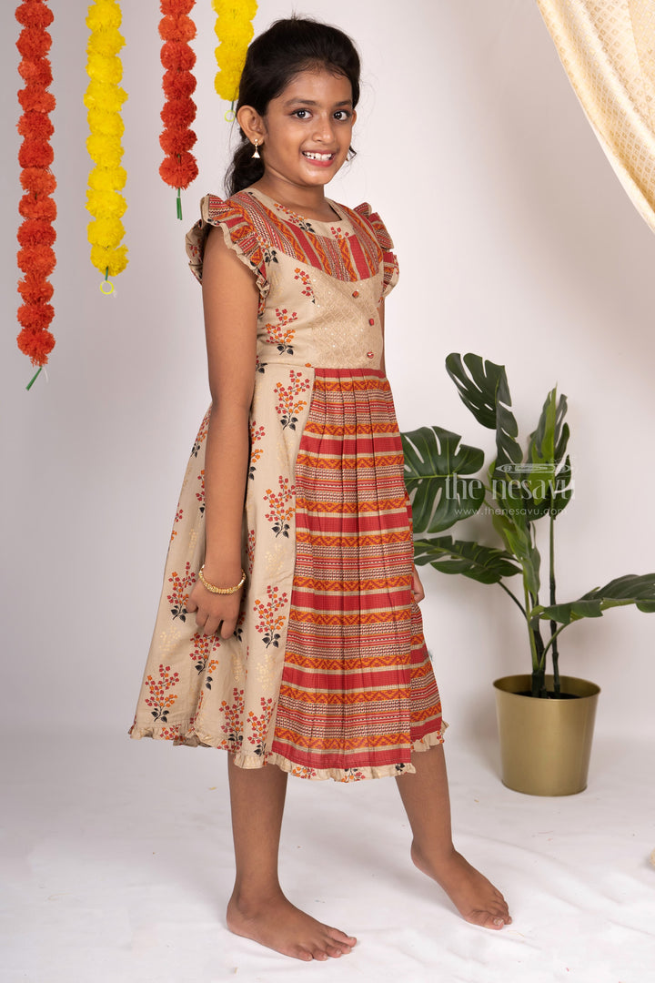 The Nesavu Frocks & Dresses Beige Cotton Printed Designer Neck Ruffled Sleeved Gown For Baby Girls psr silks Nesavu