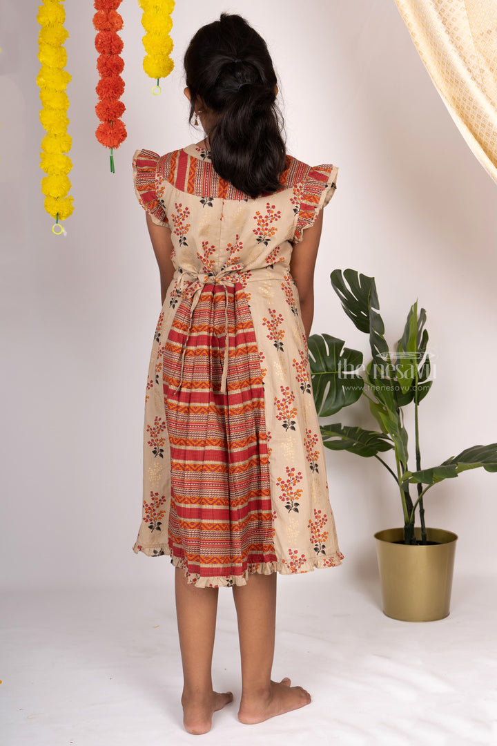 The Nesavu Frocks & Dresses Beige Cotton Printed Designer Neck Ruffled Sleeved Gown For Baby Girls psr silks Nesavu
