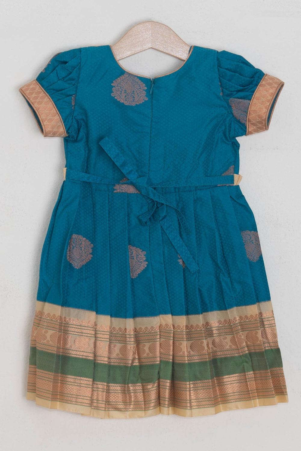 The Nesavu Silk Frocks Beige Designer Yoke And Teal Blue Semi Korvai Kanjivaram Silk Frock For Girls psr silks Nesavu