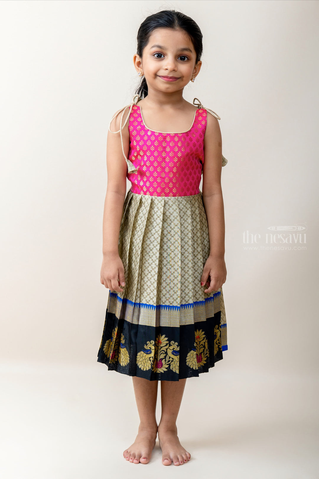 The Nesavu Tie-up Frock Black With Pink Latest Readymade Tie-Up Kanchi Silk Gown For New Born Girls psr silks Nesavu 16 (1Y) / Gray T239A