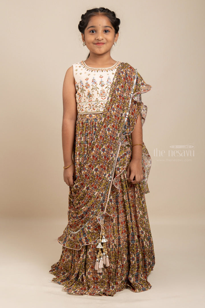 The Nesavu Lehenga & Ghagra Blissful Bisque - Elegant Cream Crop Top With Floral Printed Lehenga For Girls psr silks Nesavu 24 (5Y) / Brown GL299
