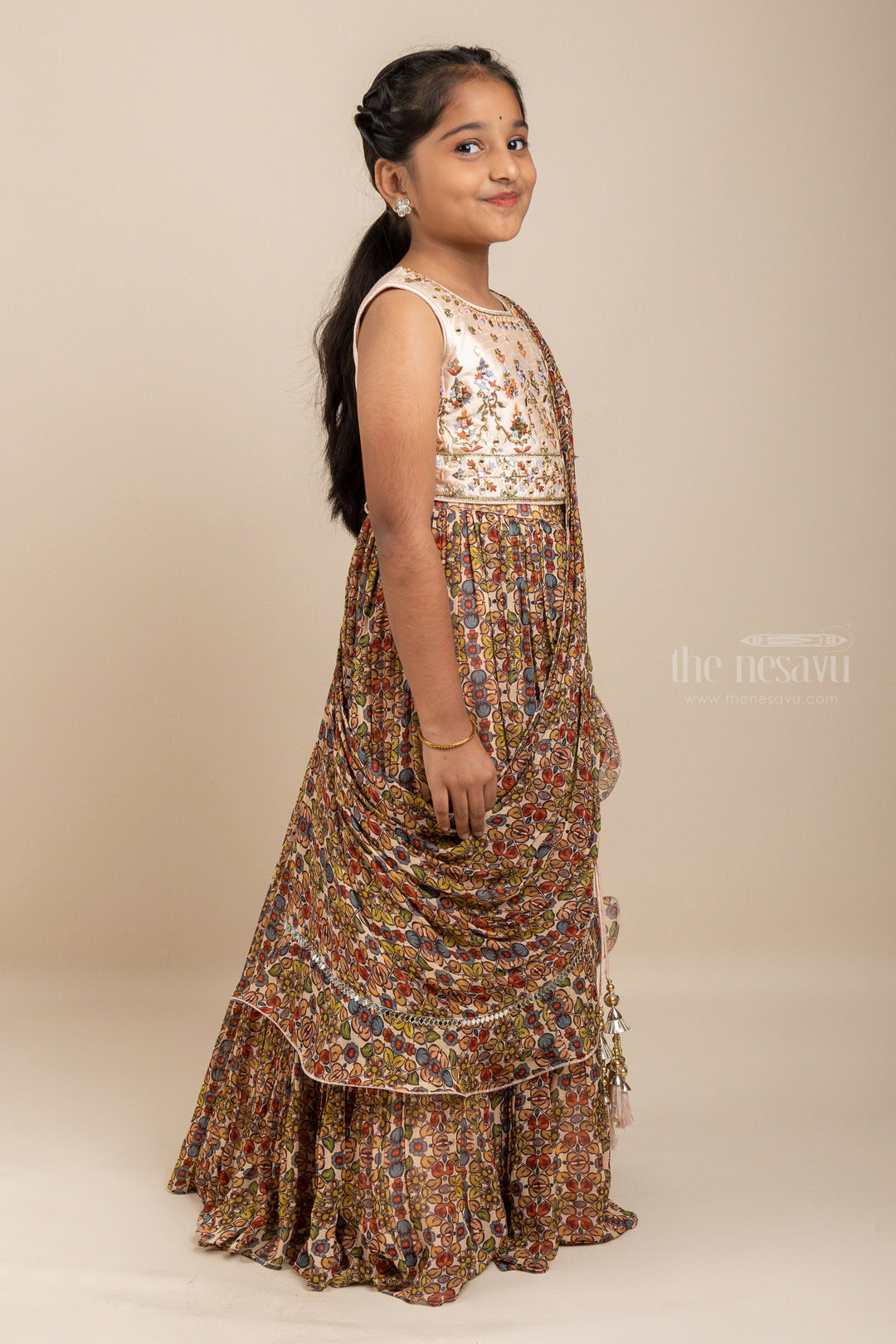 The Nesavu Lehenga & Ghagra Blissful Bisque - Elegant Cream Crop Top With Floral Printed Lehenga For Girls psr silks Nesavu