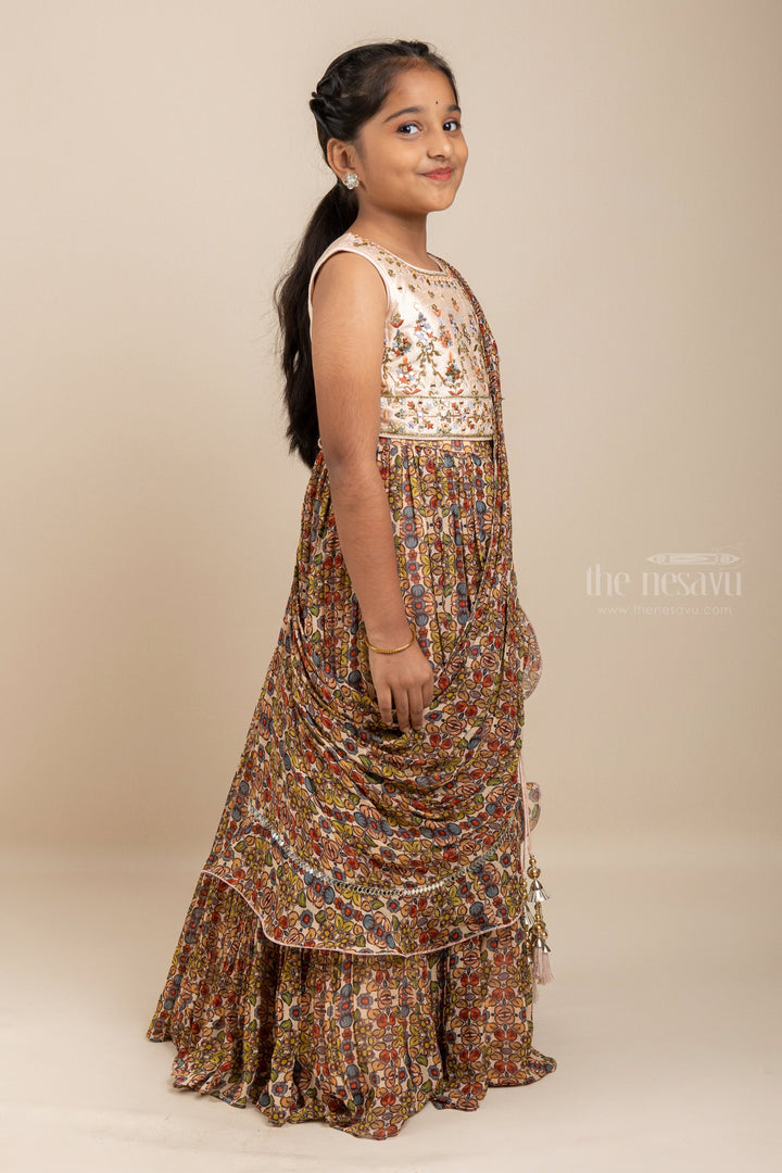 The Nesavu Lehenga & Ghagra Blissful Bisque - Elegant Cream Crop Top With Floral Printed Lehenga For Girls psr silks Nesavu