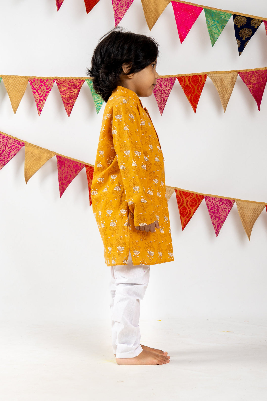The Nesavu Ethnic Sets Block Printed Cotton Floral Kurta with Pyjama for Boys psr silks Nesavu 14 (6M) / Goldenrod BES66