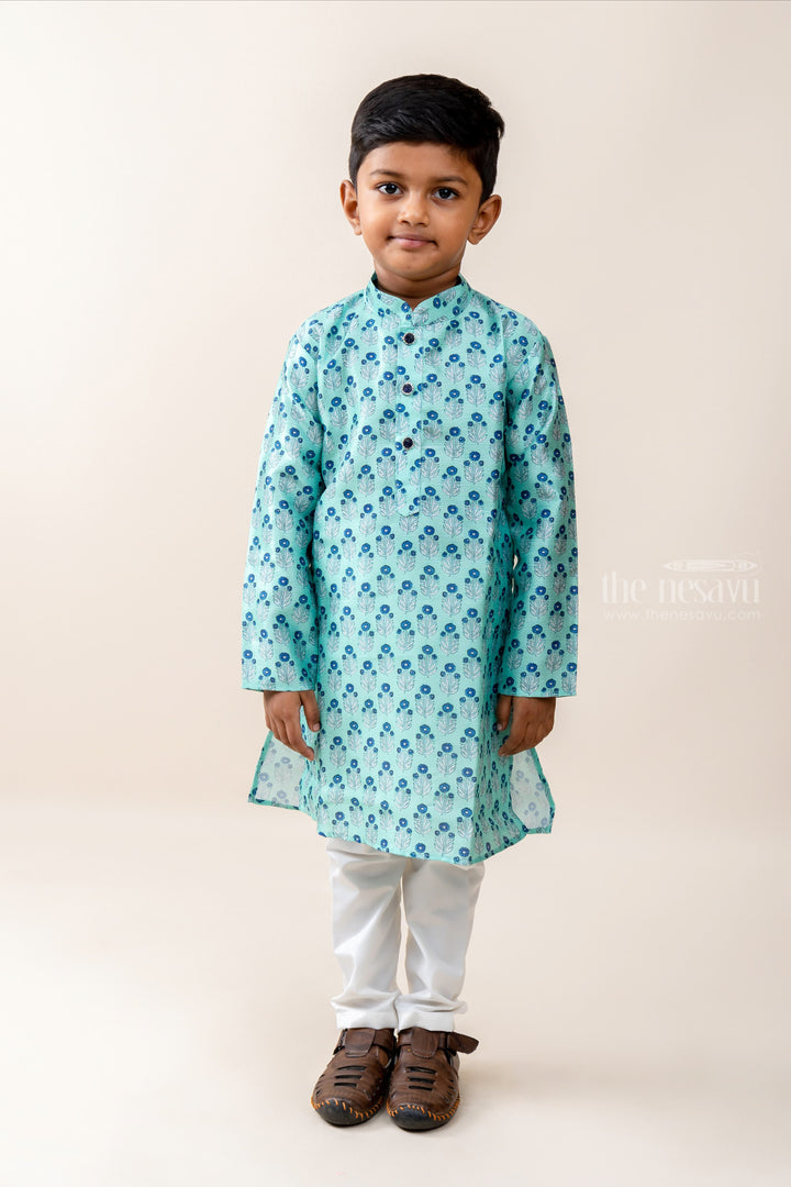 The Nesavu Ethnic Sets Blooming Floras - Pastel Blue Shirt And White Cotton Pant For Boys psr silks Nesavu 14 (6M) / Aqua BES225B