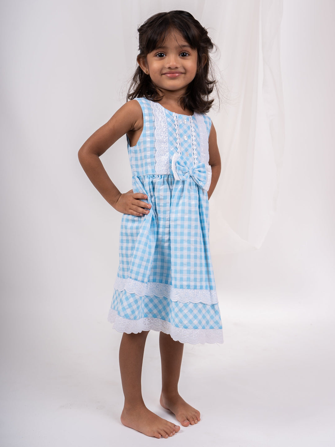 The Nesavu Frocks & Dresses Blue Checked Soft Cotton Frock For Baby Girls With Lace Trims And Bow psr silks Nesavu 12 (3M) / Blue GFC707