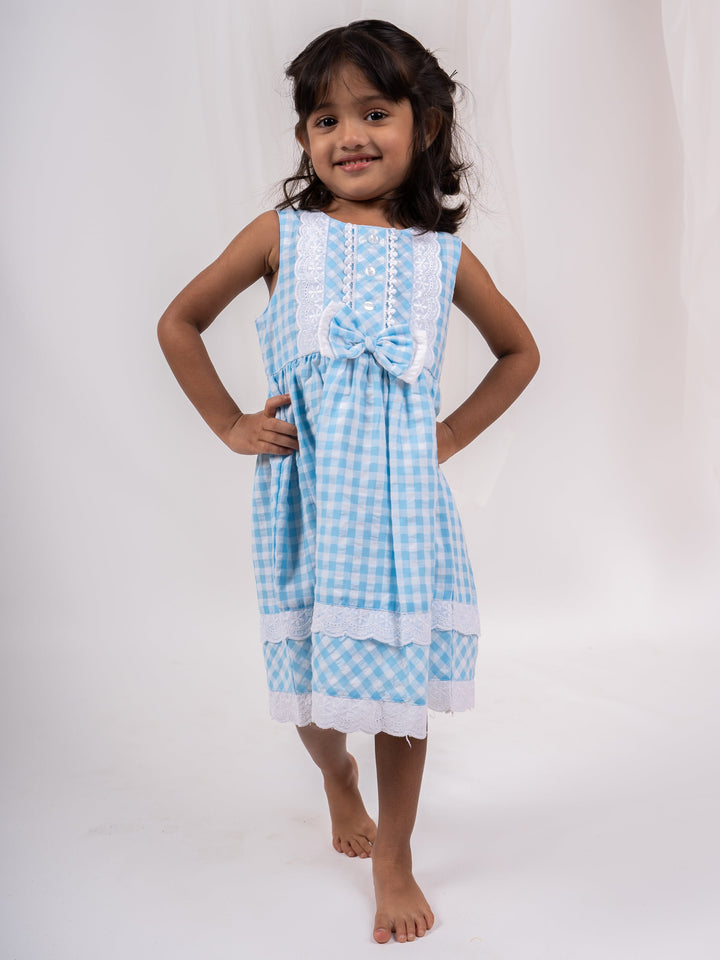 The Nesavu Frocks & Dresses Blue Checked Soft Cotton Frock For Baby Girls With Lace Trims And Bow psr silks Nesavu