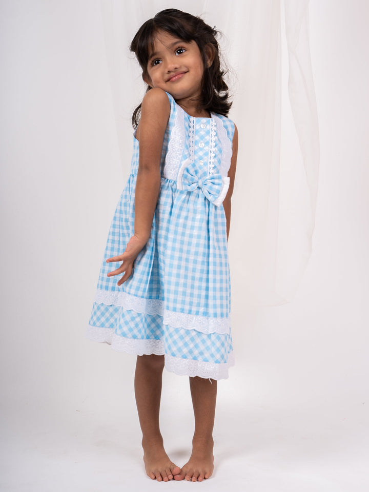 The Nesavu Frocks & Dresses Blue Checked Soft Cotton Frock For Baby Girls With Lace Trims And Bow psr silks Nesavu
