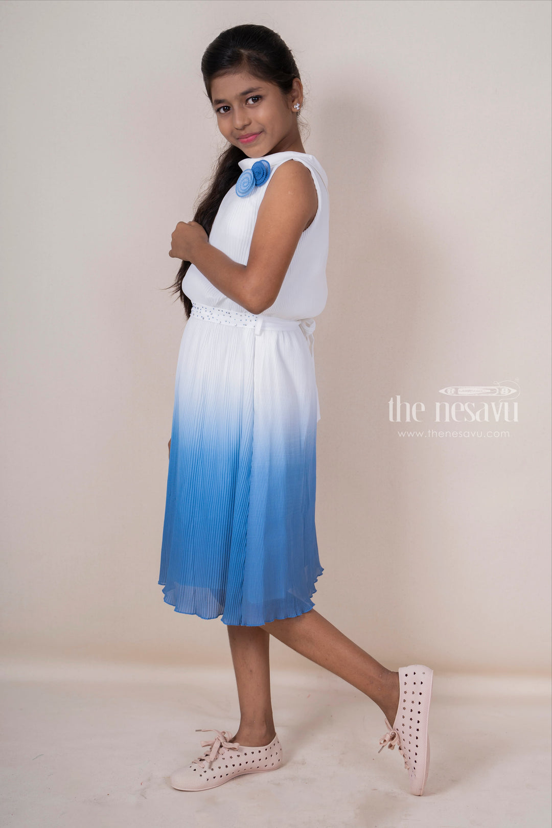 The Nesavu Frocks & Dresses Blue High Neck Semi Crushed Crepe Shaded Party Gown With Embellishments psr silks Nesavu
