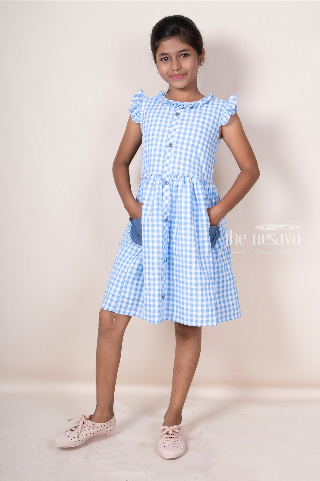 The Nesavu Frocks & Dresses Blue Soft Cotton Checked Casual Frock With Ruffled Sleeves And Pockets psr silks Nesavu 22 (4Y) / blue GFC914A