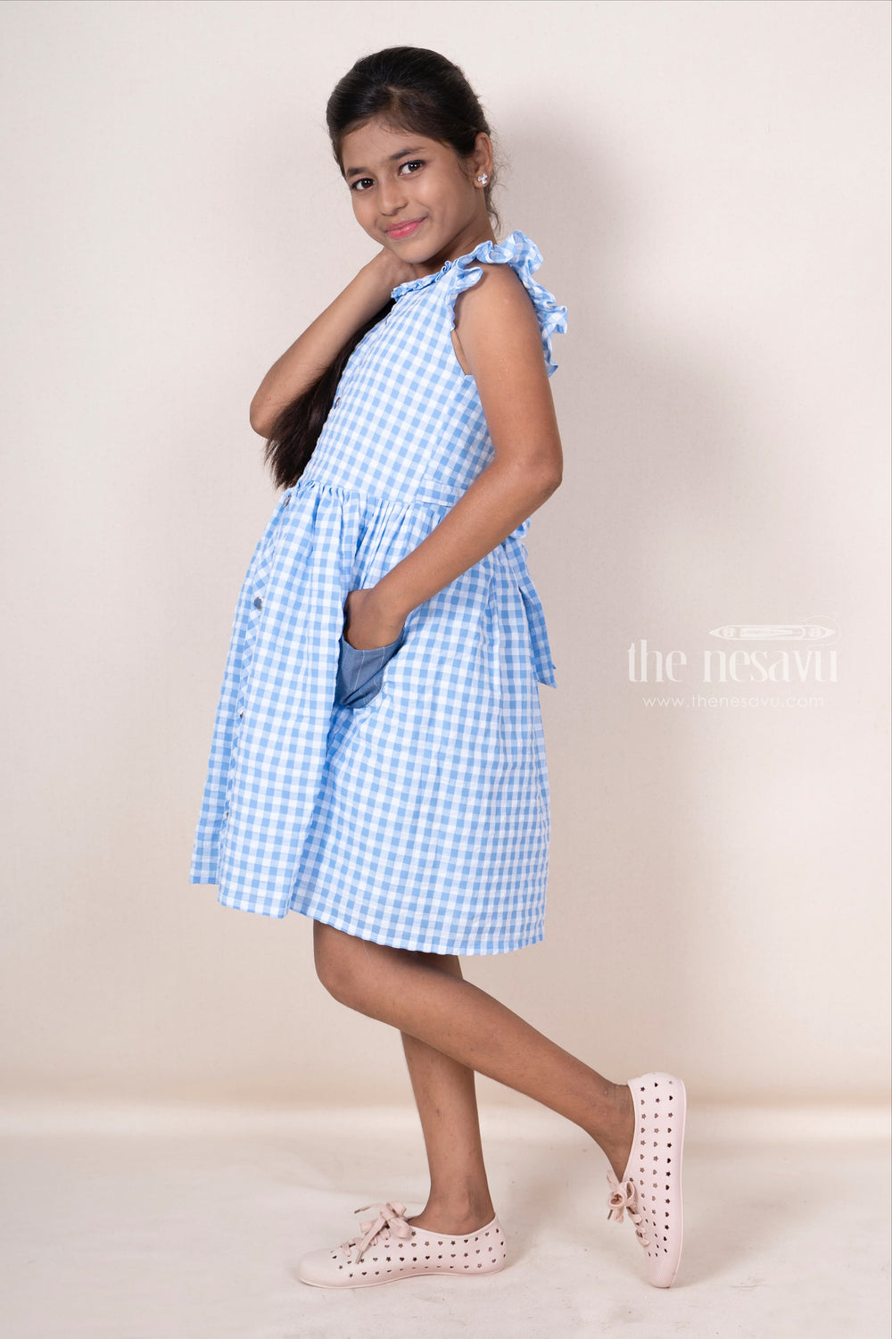 The Nesavu Frocks & Dresses Blue Soft Cotton Checked Casual Frock With Ruffled Sleeves And Pockets psr silks Nesavu
