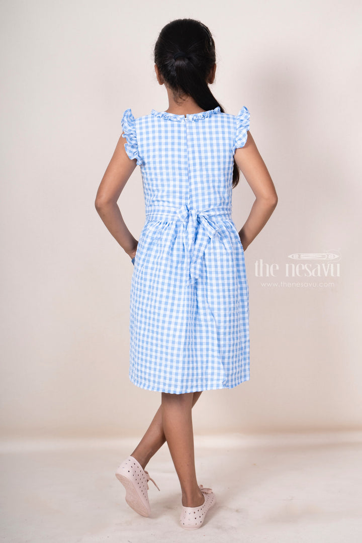 The Nesavu Frocks & Dresses Blue Soft Cotton Checked Casual Frock With Ruffled Sleeves And Pockets psr silks Nesavu