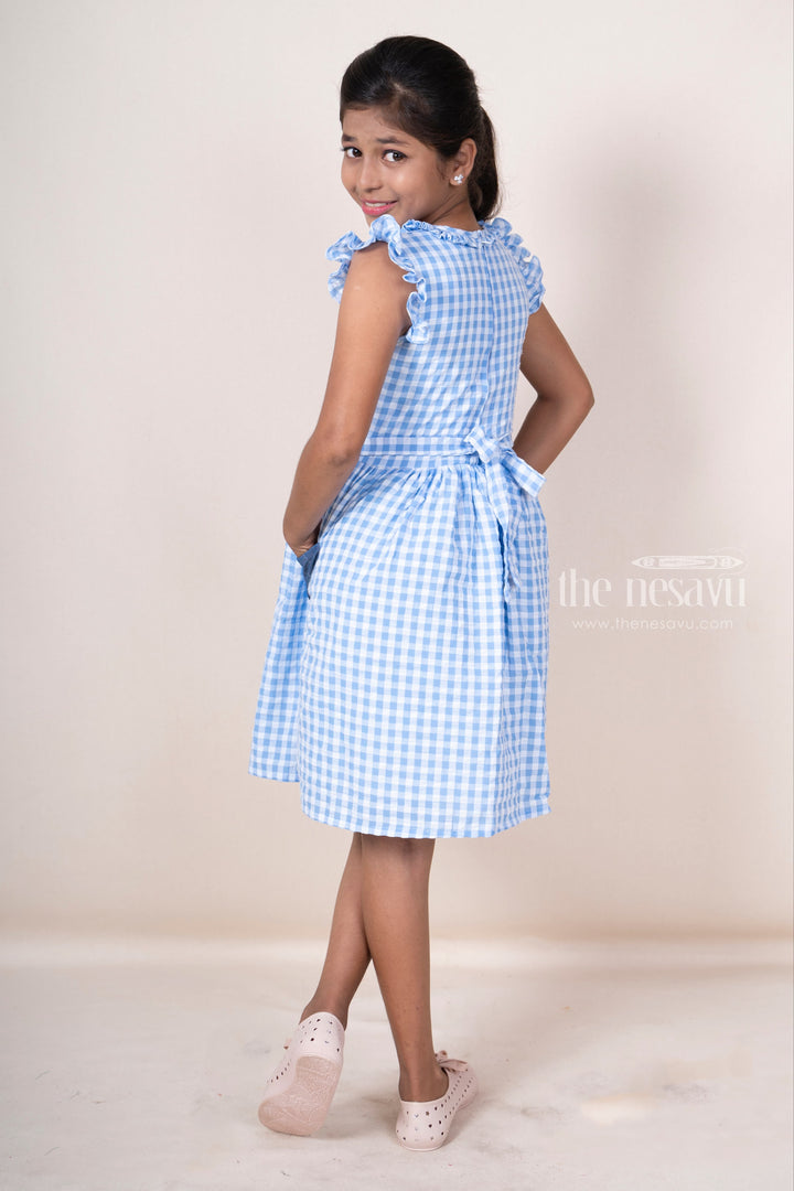 The Nesavu Frocks & Dresses Blue Soft Cotton Checked Casual Frock With Ruffled Sleeves And Pockets psr silks Nesavu