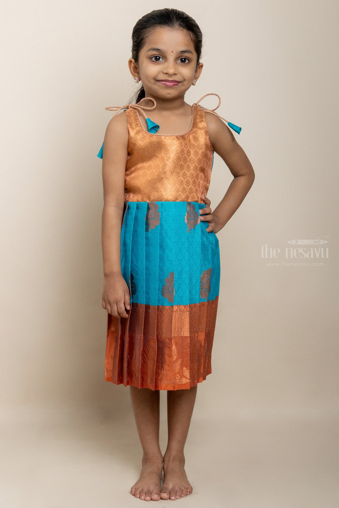 The Nesavu Tie-up Frock Blue With Gold Banaras Brocade Tie-up Silk Frocks With Long Zari Border For Girls psr silks Nesavu 12 (3M) / Blue T260A