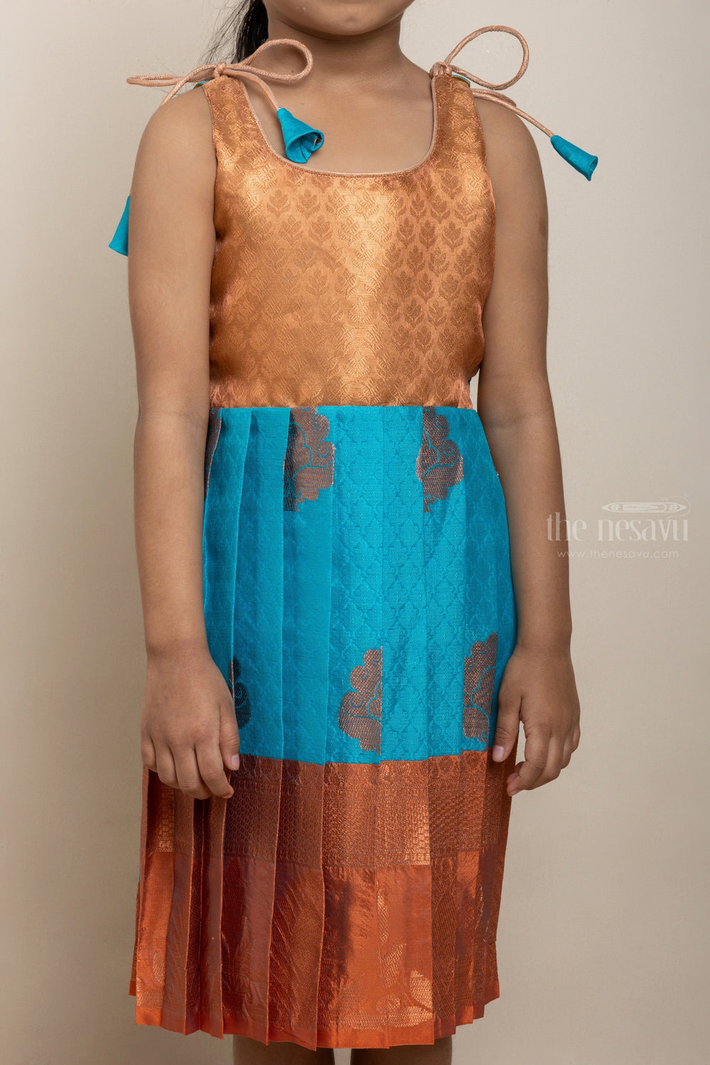 The Nesavu Tie-up Frock Blue With Gold Banaras Brocade Tie-up Silk Frocks With Long Zari Border For Girls psr silks Nesavu