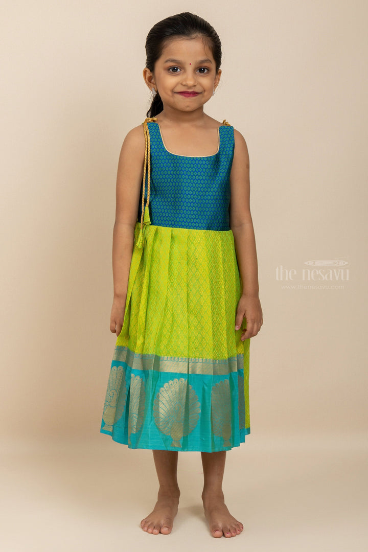 The Nesavu Tie-up Frock Blue with Green Silk Tie-Up Frock With Long Zari Border For Girls psr silks Nesavu 14 (6M) / Green T253A