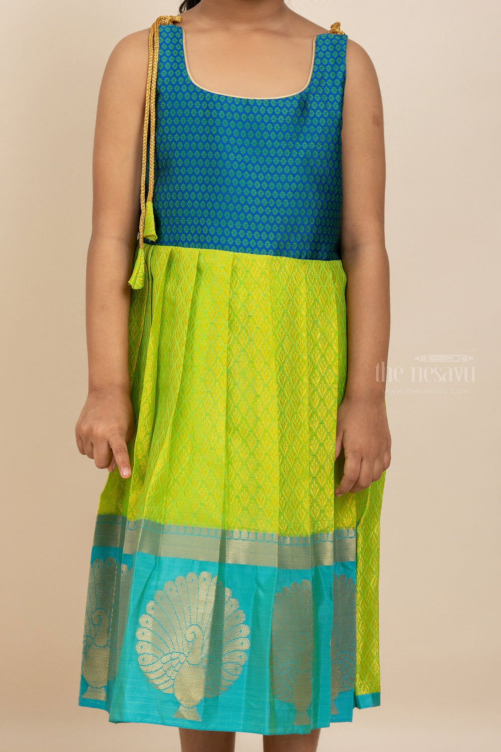 The Nesavu Tie-up Frock Blue with Green Silk Tie-Up Frock With Long Zari Border For Girls psr silks Nesavu