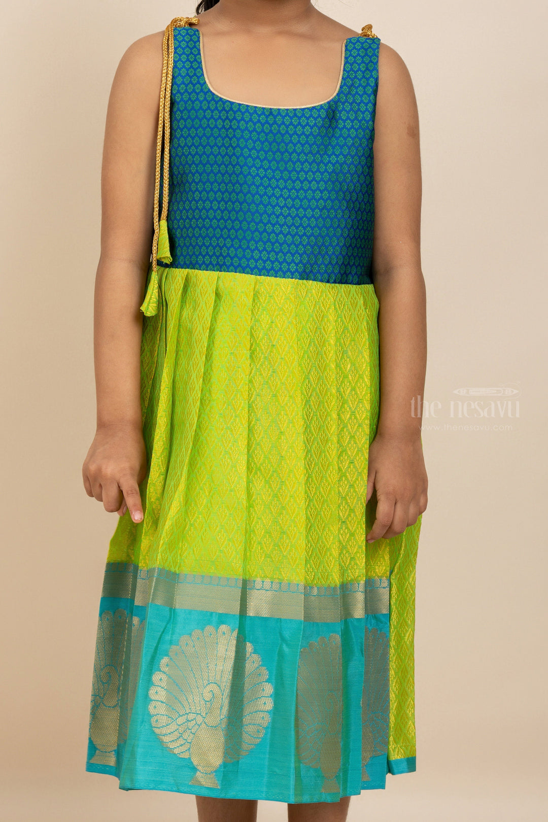 The Nesavu Tie-up Frock Blue with Green Silk Tie-Up Frock With Long Zari Border For Girls psr silks Nesavu